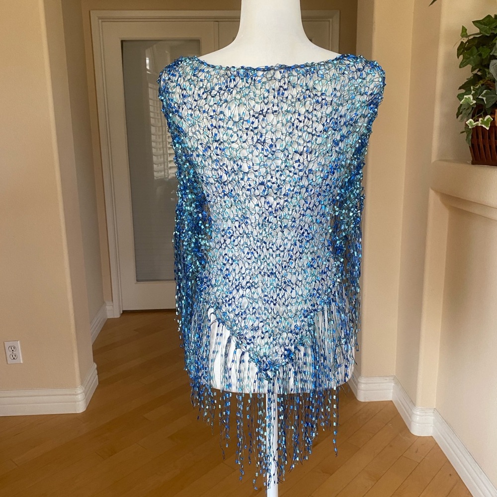 Handmade Crocheted Fringed Blue Women's Wrap - Picture 8 of 8